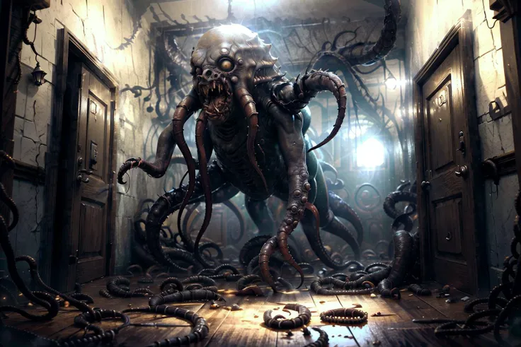 Role-playing game (RPG) style fantasy A subtle monster, a spooky house, light in the hallway, a door opens, something comes out, a dark thing that came from the deep <lora:weird_reelhorror141:0.8> reelhorror <lora:TentacleHorrorAI:0.2> tentaclehorrorai HorrorFantasy, low angle shot with depth of field . Detailed, vibrant, immersive, reminiscent of high fantasy RPG games