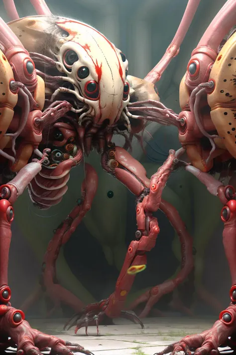<lora:reelhorrorv1_29_weird_e:1> reelhorror, 1girl, ((many limbs)), centipede, humanoid, open mouth, <lora:reelmech1v2:1> (reelmech:1.5) sitting, outdoors, giant, building, dismembered body, flesh, drooling, looking at viewer, blood, realistic, pov scene, pov