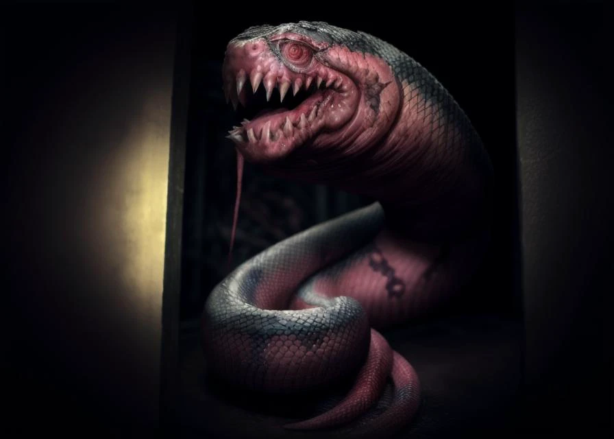 a mutated body horror snake, snake creature body horror, deadly mutated, radiated, ugly, scary, horror, dark, large snake, large fangs, beset quality, realistic, kodak photo, canon photo, nikon photo, <lora:add_detail:1> <lora:LowRA:1> <lora:reelhorror2:1>