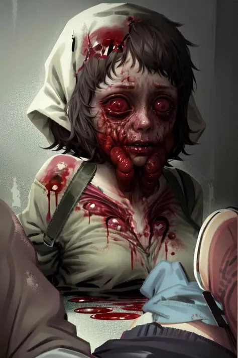 reelhorror,<lora:reelhorror2:1.5> 1girl, 1man, creature, dismembered body, spider legs, looking at viewer, short hair, brown hair, lying, pants, bag, blood, tentacles, monster, injury, blood on face, realistic, death, corpse, messy, interior, trash, pov scene, pov