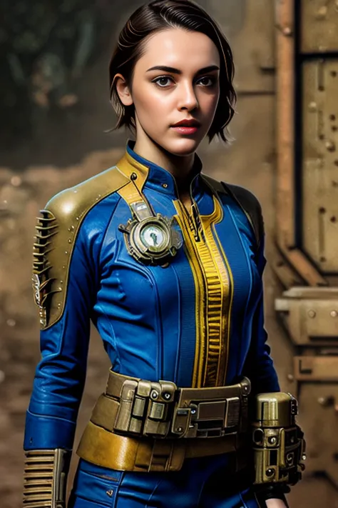 intricate sci-fi close portrait photograph of vault dweller ImogenD, wearing a vaultsuit and pipboy3000, beautiful detailed eyes, drawn by Greg Rutkowski <lora:falloutVaultSuit_falloutVaultSuit05:0.9>