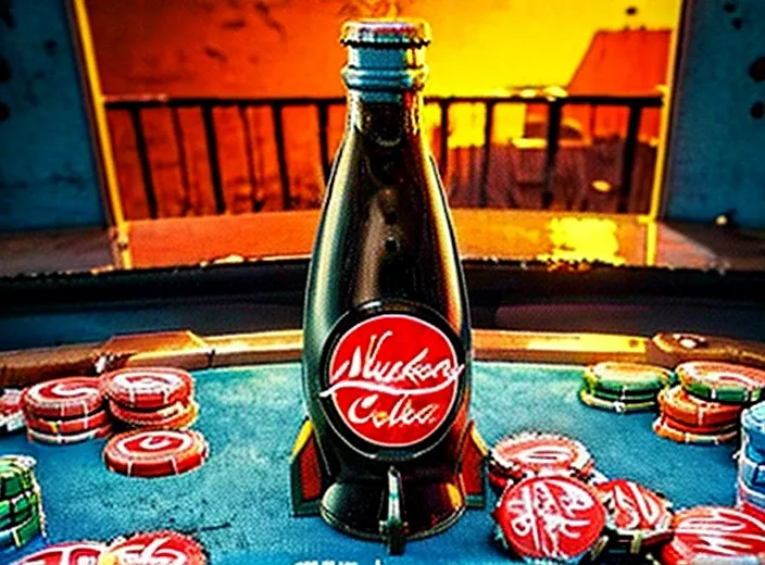 still life, NucaCola bottle on table, FalloutCups on table, poker cards in chaos, ruined place, post-apocalypse, retro artstyle, masterpiece, digital art, at sunset,  <lora:VaultSuit13_v07:1>, POV shot, no humans,