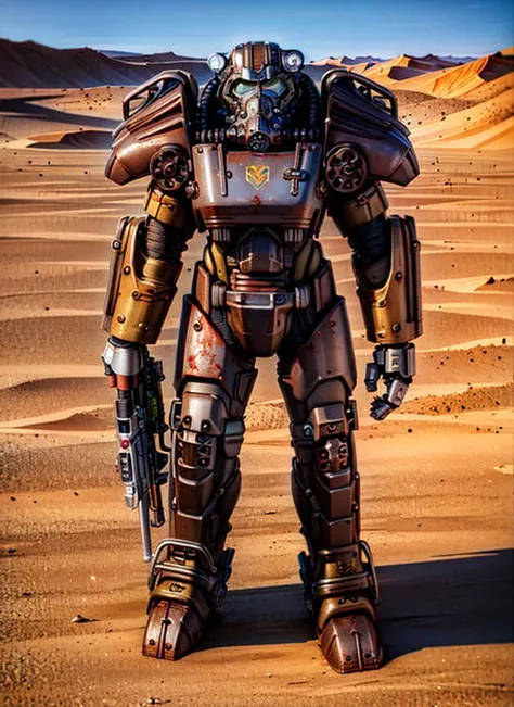 mecha, rusty T60PowerArmor, weapon, holding weapon, solo, full body, angry, desert, at night day, post-apocalypse, masterpiece, detailed, realistic, digital art, octane render, by midjourney, <lora:VaultSuit13_v07:0.8>, POV shot, trending on artstation, no humans, centered, 8k, mechanical arms,