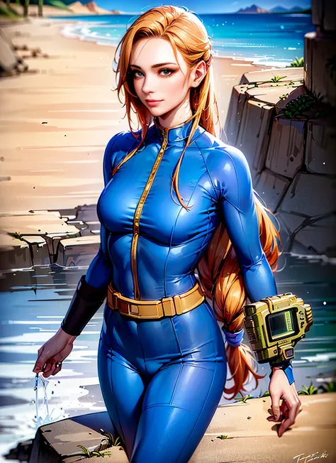 masterpiece, detailed, digital art, (realistic:0.75),  1girl, blue vaultsuit, pipboy3000 on left arm, (waving:0.9), ocean, rocks, grinning, with blond hairs, very long hair, fallout \(series\), absurdres,  <lora:VaultSuit13_v07:0.6>
