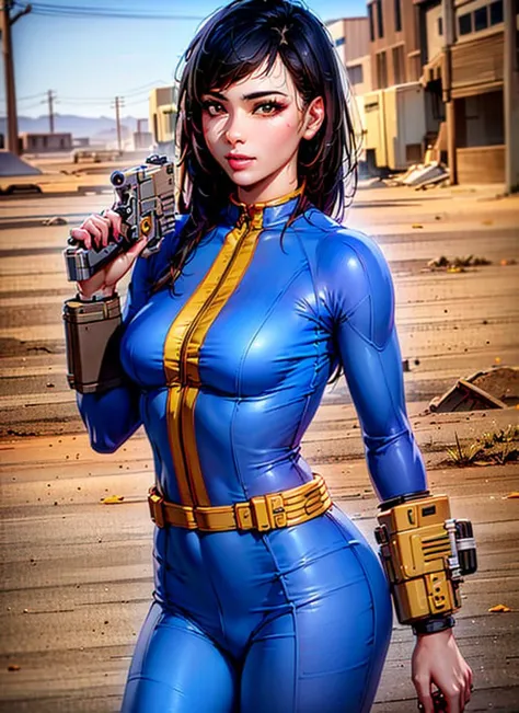 masterpiece, detailed, realistic, digital art, octane render, 1girl, holding handgun, vaultsuit, pipboy3000 on left arm, solo, asian, in wasteland, fallout \(series\), at day, trending on artstation, no humans, centered, 8k <lora:VaultSuit13_v07:0.75>, medium shot,
