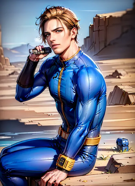 masterpiece, detailed, digital art, (realistic:0.75), 1man, blue vaultsuit, pipboy3000 on arm, (sitting:0.9), plain, rocks, with blond hairs, very shot hair, fallout \(series\), absurdres, <lora:VaultSuit13_v07:0.6>