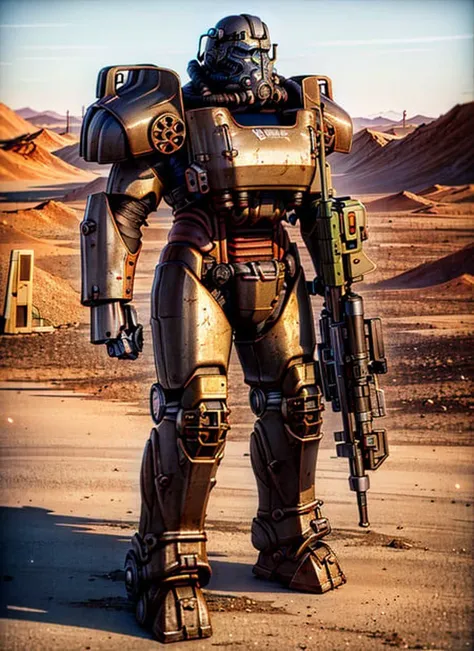 masterpiece, detailed, realistic, digital art, octane render, mecha, rusty T60PowerArmor, weapon, holding weapon, solo, full body, wasteland, fallout \(series\), at night day, with mechanical arms,, by midjourney, POV shot, trending on artstation, no humans, centered, 8k <lora:VaultSuit13_v07:0.8>