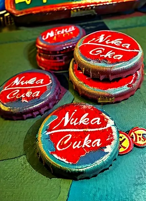 still life, NucaCola on table, FalloutCups on table, poker cards in chaos, ruined place, post-apocalypse, retro artstyle, masterpiece, digital art, at sunset, <lora:VaultSuit13_v07:1>, no humans,