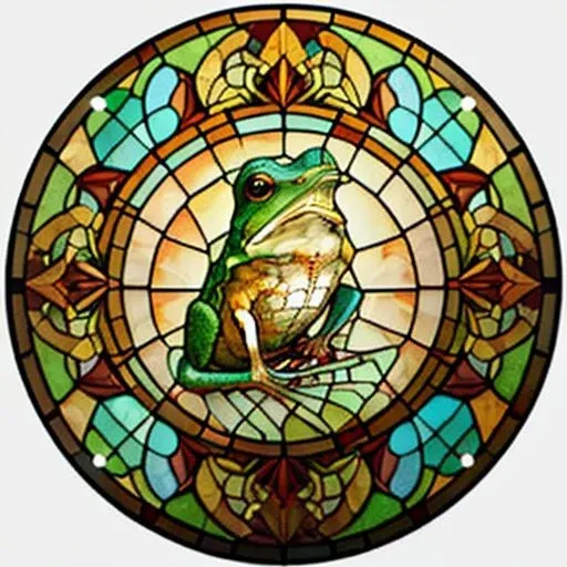 frog in the swap <lora:sglass:0.8> stained sglass style circle