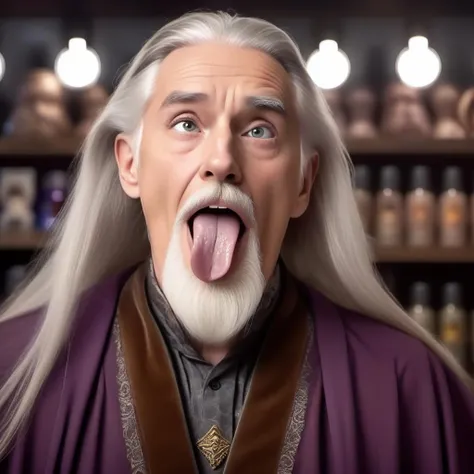 ahegao, tongue out, old wizard with grey beard, dark elixir store, dramatic lighting (bokeh:0.2) <lora:ahegao_sdxl_v4:1.0>