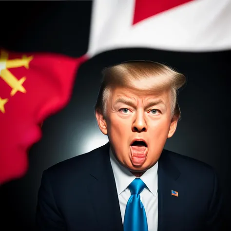 RAW photo,three-quarter,wearing suit,8k uhd,dslr,soft lighting,high quality,film grain,Fujifilm XT3,simple background,Donald John Trump,(Chinese flag in the background),(((((cross-eye))))),<lora:tushetou_doujiyan:2>,(((((tongue out))))),dramatic lighting,