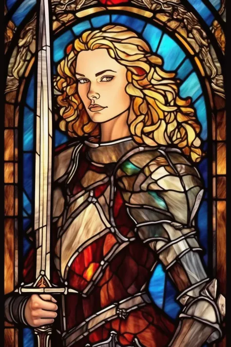 <lora:Stained Glass Portrait:1>Stained Glass Portrait - blonde wavy haired lady knight tall and striking appearance strong jawline holding sword stained glass