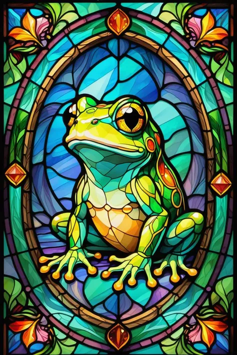 <lora:Stained Glass Portrait:1> 2D Stained Glass window, cute frog in window frame. dungeons and dragons art. symmetrical design, in the style of stained glass. Digital stained glass style. pastel color scheme