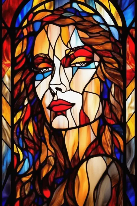 <lora:Stained Glass Portrait:1>Stained Glass Portrait - beautiful woman's face made of colorful stained glass, art design, flames, gothic and ornate, in the style of Helmut Newton