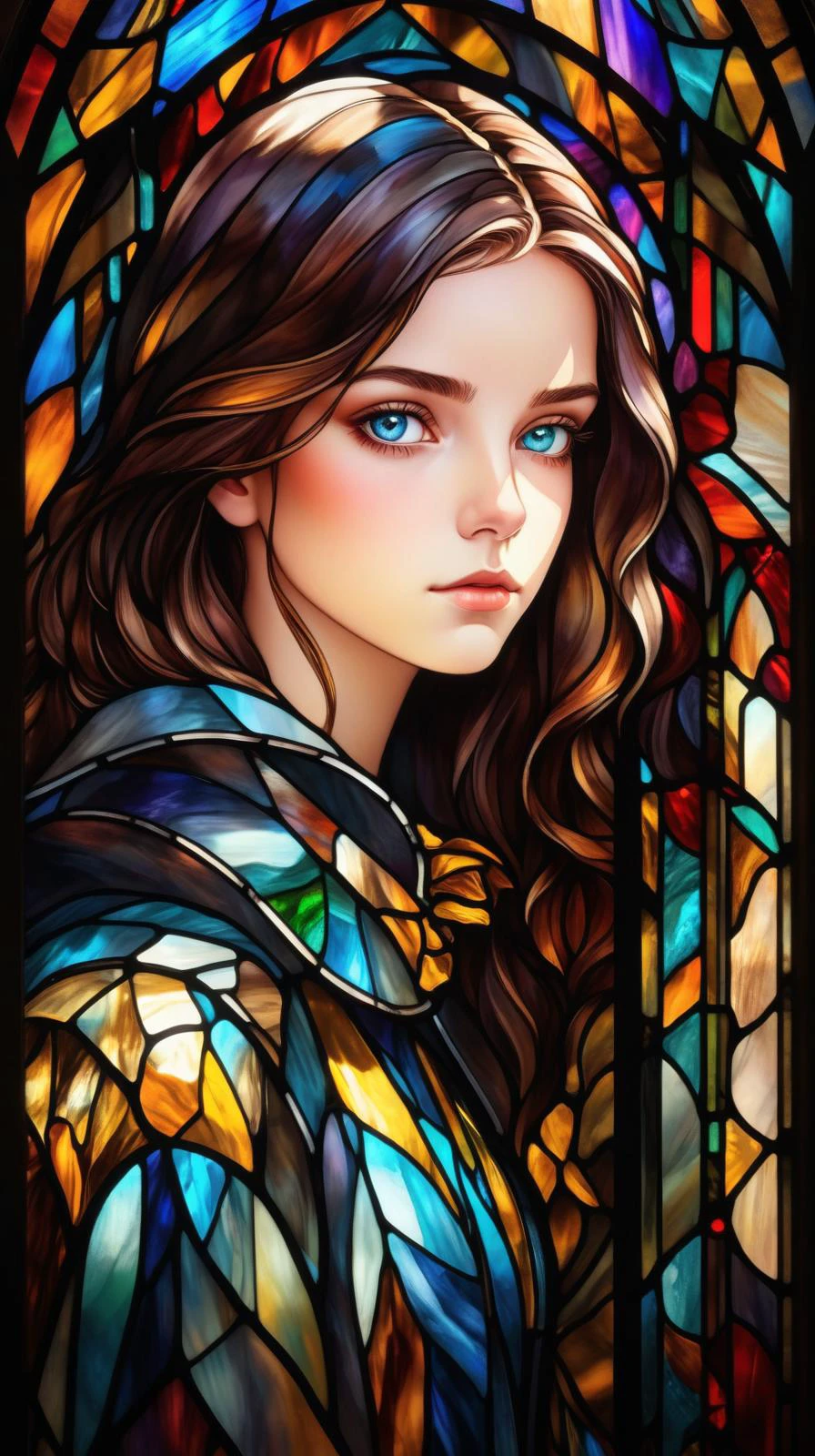 1girl, solo, looking at viewer, <lora:Stained Glass Portrait:1>, Stained Glass Portrait, masterpiece,best quality,extremely detailed,fine details,official art,unity 8k wallpaper,4K,8K,UHD, antiBlur,photography, abstract background, (upper body:1.5), front portrait, perfectly detailed eyes