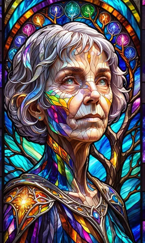 Astral Aura, Stained Glass Portrait, close up, elderly, wrinkled, halfling woman, grey hair, short bob haircut, god of knowledge, multiple echoes of herself, Yggdrasil, tree made of light, ral-czmcrnbw, astral, colorful aura, vibrant energy