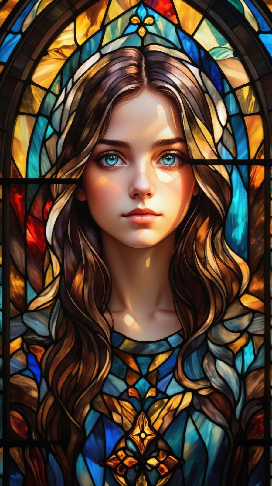 1girl, solo, looking at viewer, <lora:Stained Glass Portrait:1>, Stained Glass Portrait, masterpiece,best quality,extremely detailed,fine details,official art,unity 8k wallpaper,4K,8K,UHD, antiBlur,photography, abstract background, (upper body:1.5), front portrait, perfectly detailed eyes