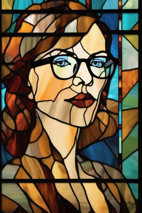 <lora:Stained Glass Portrait:1>Stained Glass Portrait - A portrait of an elegant woman wearing glasses, in this modern stained glass collage style.