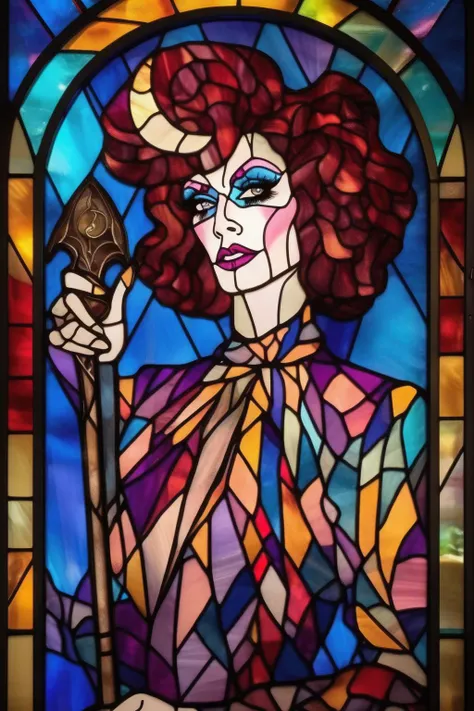 <lora:Stained Glass Portrait:1>Stained Glass Portrait - a stained glass window of a masculine drag queen with a staff and crescent makeup