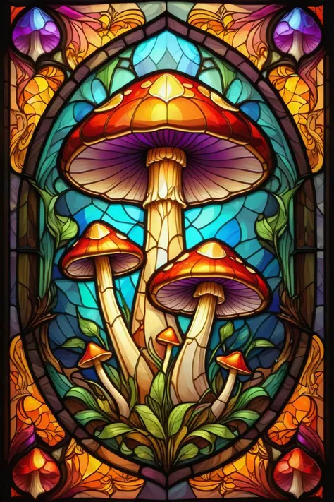 <lora:Stained Glass Portrait:1> 2D Stained Glass window, magical mushroom in window frame. dungeons and dragons art. symmetrical design, in the style of stained glass. Digital stained glass style. warm color scheme