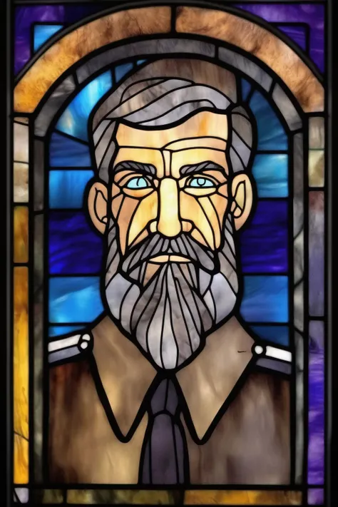 <lora:Stained Glass Portrait:1>Stained Glass Portrait - a stained glass portrait of a human. He is a 57 year old war vetern. He has a high ponytail hair style. He has a full beard. A scare across his cheek. His hair is mainly grey with spots of brown. His eyes are alert and haunted. A strained smile experssion. He is wearing a 1920s bomber leather jacket. The jacket is decorated in war medals. The main medal is a bronze cog hanging from a purple and white Chevron ribbon.