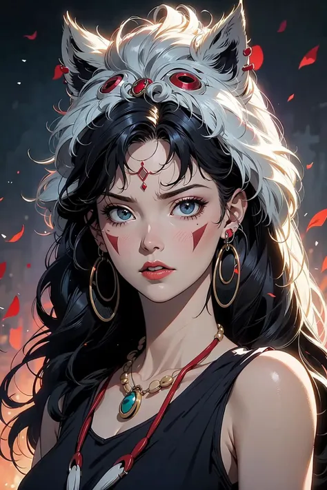 sks woman, a photo, (padded angry), portrait of beautiful princessmononoke, white round earings, canine bone necklace, <lora:ARWPrincessMononoke:1>  <lora:s_20230805204449:0.50> 90s