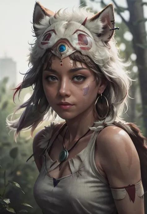 sks woman, a photo, (padded angry), portrait of beautiful princessmononoke (high detailed skin:1.4), 8k uhd, dslr, soft lighting, high quality, white round earings, canine bone necklace, , 
realistic, photography, blurry background, softfocus, RAW photo,   film grain, Fujifilm XT3, dimly lit,
<lora:ARWPrincessMononoke:0.88> <lyco:Aubrey Plaza:0.4>