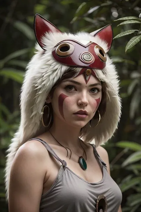 1girl, solo, portrait of beautiful princessmononoke in jungle with a giant grey wolves, serious,  details, realistic, photography, blurry background, softfocus  <lora:ARWPrincessMononoke:1>