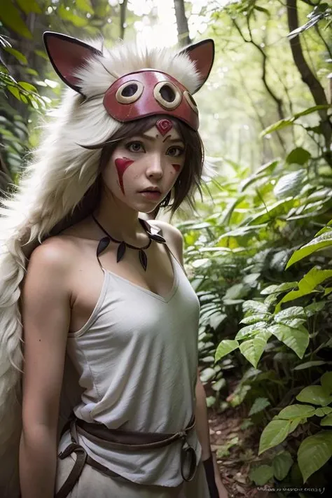 1girl, solo, beautiful princessmononoke in jungle with a giant grey wolves, serious, details, realistic, photography, blurry background, softfocus <lora:ARWPrincessMononoke:1>