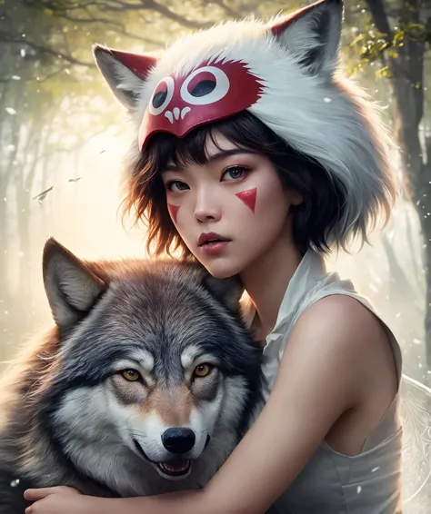 masterpiece, best quality, glamour fisheye shot of beautiful (princessmononoke:1.2) with (fur hood:0.5) and (red mask:1.3) on top of head sitting (hugging a wolf:1.3) surrounded by snowflakes, (high detailed skin:1.4), face paint, <lora:ARWPrincessMononoke:0.8>, (extremely short hair, pixie cut:1.5), (wolf:1.4), black hair, (blue eyes), (solo:1.3), photorealistic, dreamlike, intricate details, sharp focus, trending on artstation, by lois van baarle and loish and ross tran and rossdraws and sam yang and samis arts and artgerm, pixar, disney, dreamworks style, rendered in intricate detail in a photograph with sharp focus, inspired by animated movies from pixar, Disney, and dreamworks, and created by the talented artists lois van baarle, Loish, Ross Tran, Rossdraws, sam yang, samis arts, and artgerm, cinematic lighting, face focus, (dynamic pose), AS-Younger,