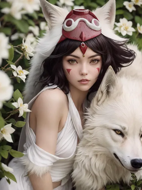 1girl, solo, glamour portrait shot from above of beautiful (princessmononoke) lying next to a wolf surrounded by flowers, pixie cut, extremely short hair, (white wolf), serious, details, realistic, photography, blurry background, softfocus, face focus <lora:ARWPrincessMononoke:1>