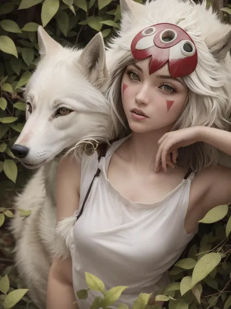 1girl, solo, glamour close-up shot from above of beautiful (princessmononoke) lying next to a wolf surrounded by leaves, pixie cut, extremely short hair, (white wolf), serious, details, realistic, photography, blurry background, softfocus, face focus <lora:ARWPrincessMononoke:1>