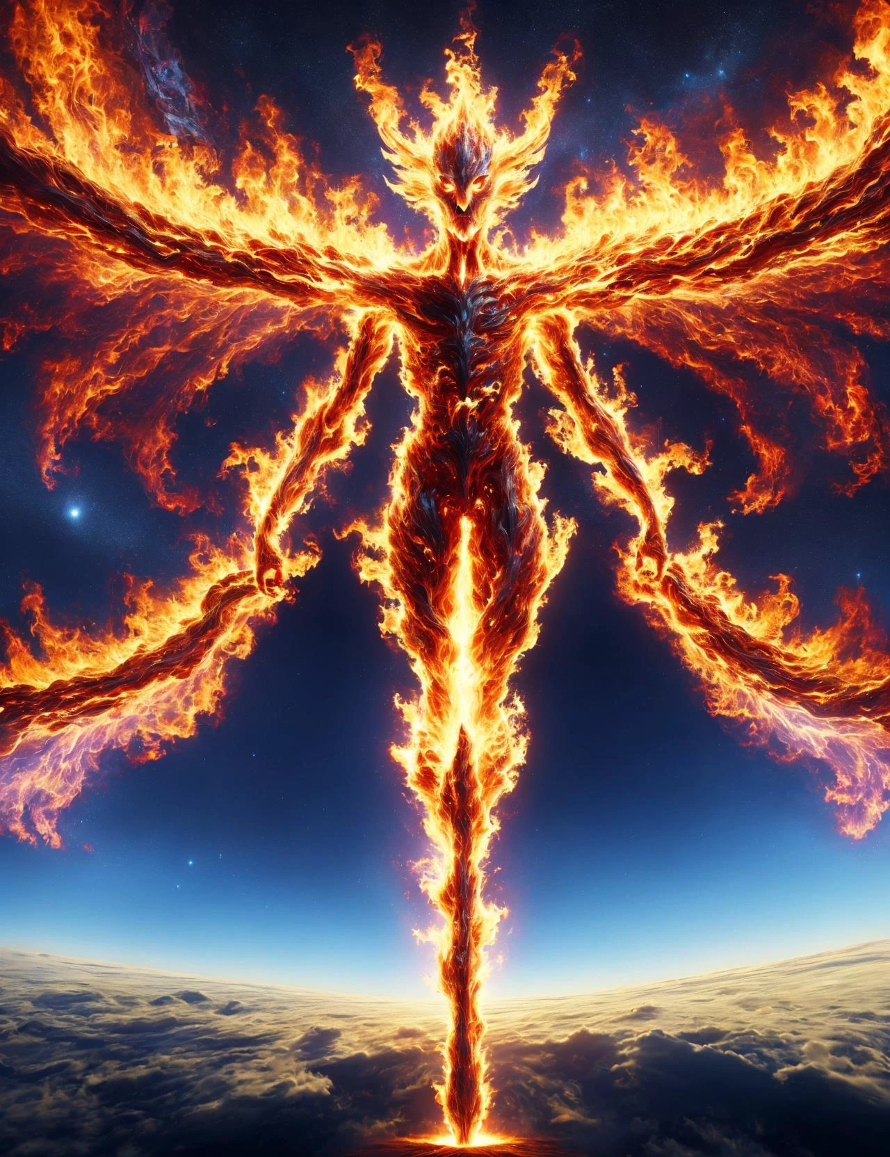 masterpiece, awesome quality, hyper detailed, DonMF1r3 fire first contact of cosmic entity- vast, awe-inspiring being emanating cosmic energies and engulfed in nebula-like halos , pilot , <lora:DonMF1r3-000006:1>