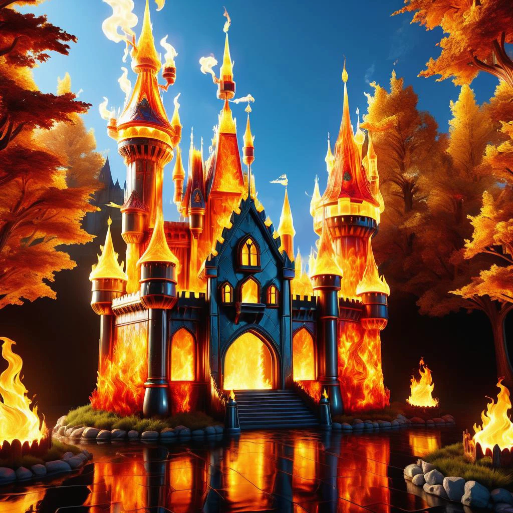 hyper detailed masterpiece, dynamic, awesome quality,DonMF1r3XL firey enchanted castle of dreams, polycarbonate panels,polycarbonate panels, sunlight,bonfires, footlighting <lora:DonMF1r3XL-000006:0.85>
