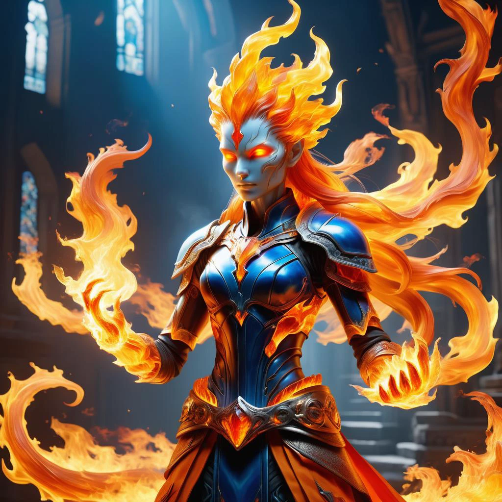 hyper detailed masterpiece, dynamic, awesome quality,DonMF1r3XL firey female silicate, mystic healer,fighter <lora:DonMF1r3XL-000006:0.85>
