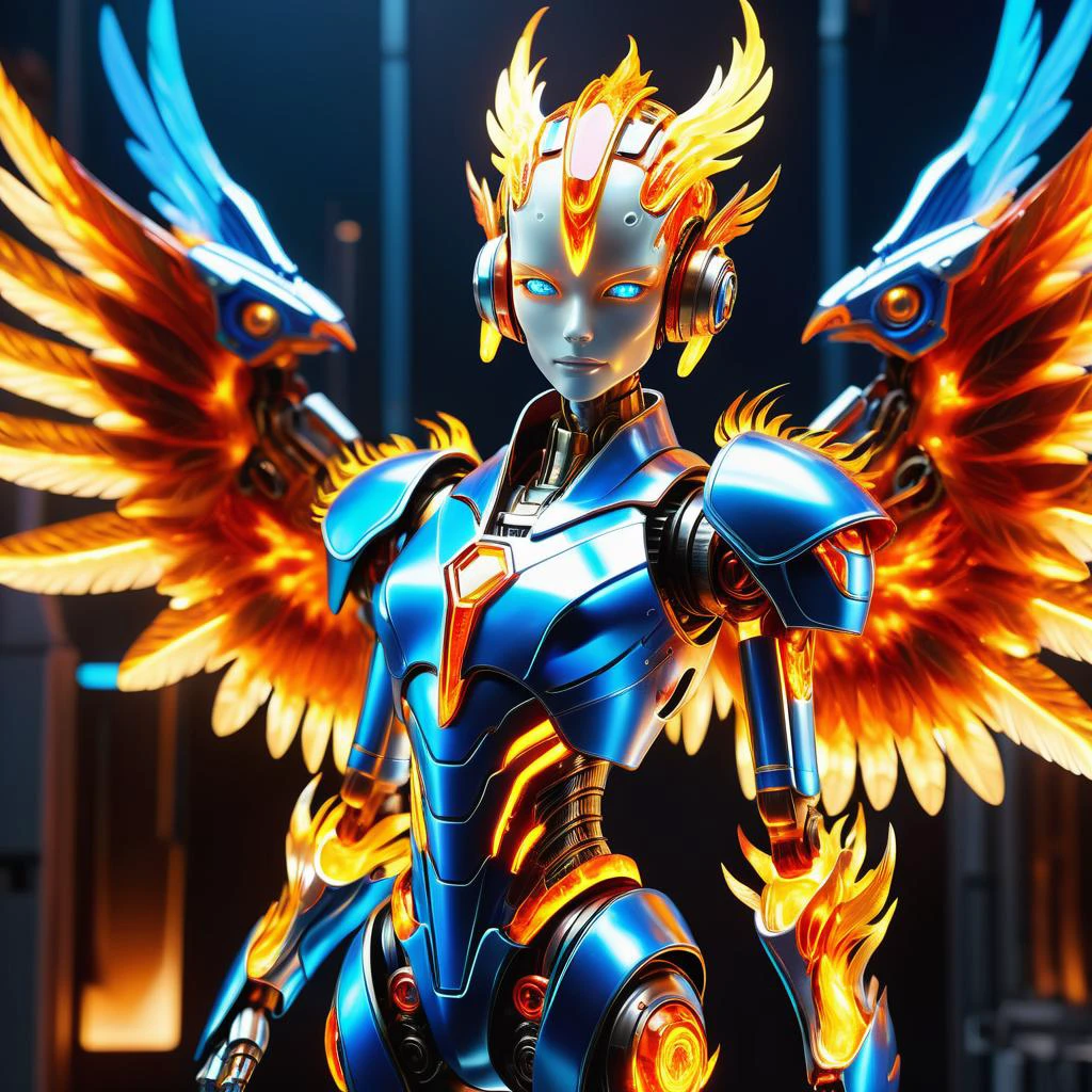 hyper detailed masterpiece, dynamic, awesome quality,DonMF1r3XL firey,buring,blazing,flaming female robot technician, sentient robot- robots with expressive visual displays, glowing eyes, and sleek, polished exteriors, young adult, hourglass, indigenous australian, blue eyes, round jaw, sloping forehead, round face shape, , golden blonde bob with bangs hair, laugh,
crouching or leaning against a wall, ready for stealthy maneuvers.,
bio-mechanical wings- graceful wings with metallic feathers, fusing technology and biology in perfect harmony. wearing cybernetic pants, quantum-stitch sweater, , gesturing or touching holographic interfaces., futuristic neon runways, galactic space battles, boarding actions and close-quarter space combat <lora:DonMF1r3XL-000006:0.85>