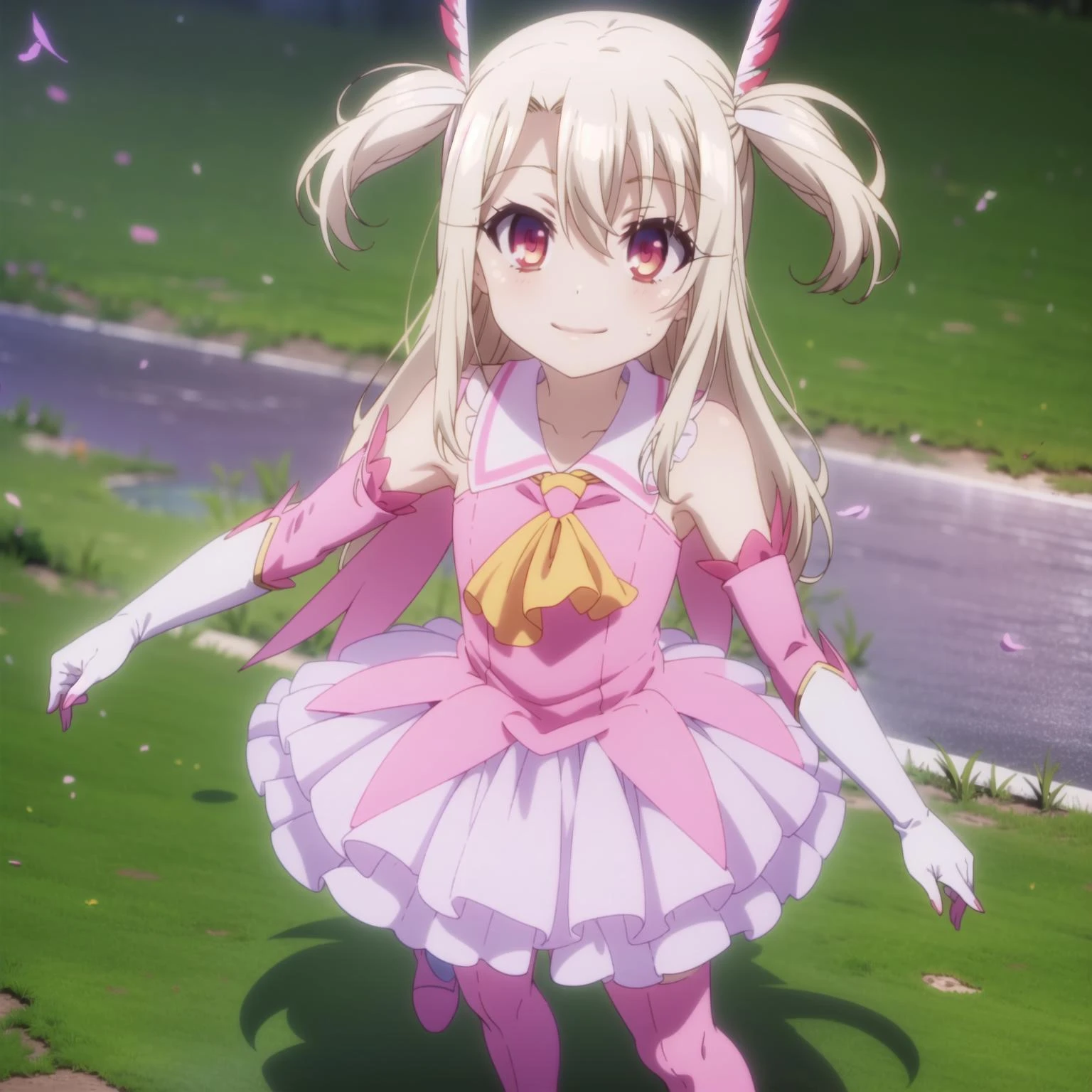 1girl,solo,smile,outdoor,
<lora:illya5:0.6:0.75:lbw=1,0,0,1,1,1,1,1,1,1,0,0,0,1,0,0,0,1,1,1,1,1,1,1,1,1>,aaillya,long_hair,blonde_hair,red_eyes,hair_between_eyes,bangs,white_hair,illyamagical,feather_hair_ornament,feather,magical_girl,hair_ornament,gloves,two_side_up,white_gloves,elbow_gloves,detached_sleeves,ascot,thigh_boots,thighhighs,pink_footwear,boots,bare_shoulders,cape