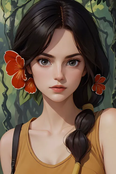 absurdres, willa, comics, portrait, looking at viewer, hair tie, hair flower, sleeveless brown dress, forest <lora:Willa_v1:1>