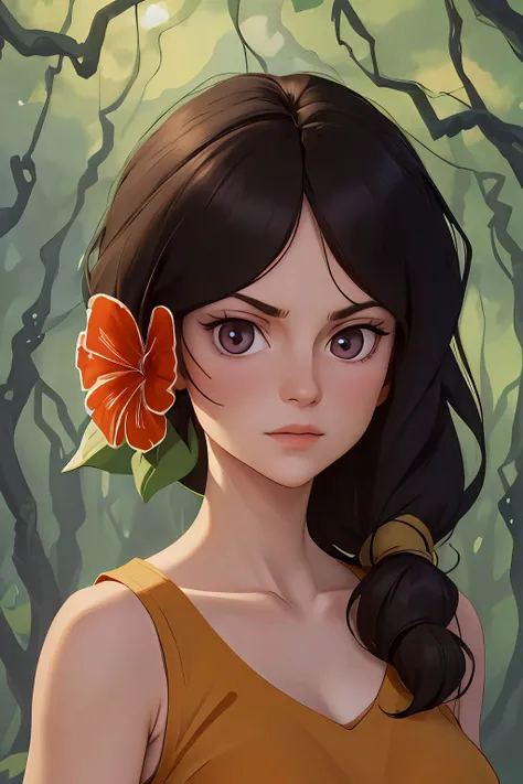 absurdres, willa, portrait, looking at viewer, hair tie, hair flower, sleeveless brown dress, forest <lora:Willa_v1:1>