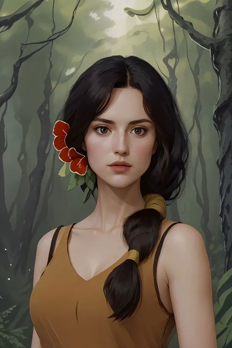 absurdres, willa, realistic, portrait, looking at viewer, hair tie, hair flower, sleeveless brown dress, forest <lora:Willa_v1:1>