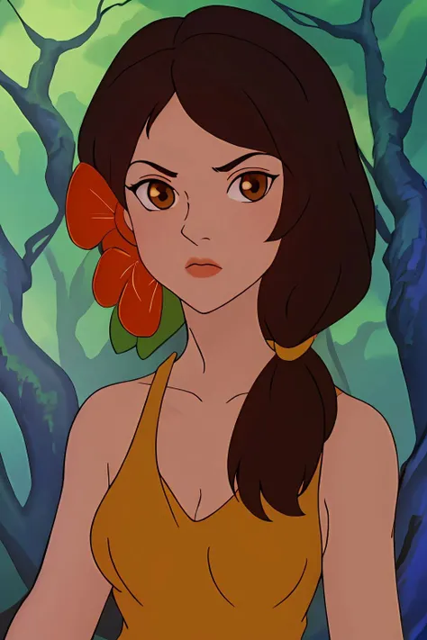 absurdres, willa, portrait, looking at viewer, hair tie, hair flower, sleeveless brown dress, forest <lora:Willa_v1:1>