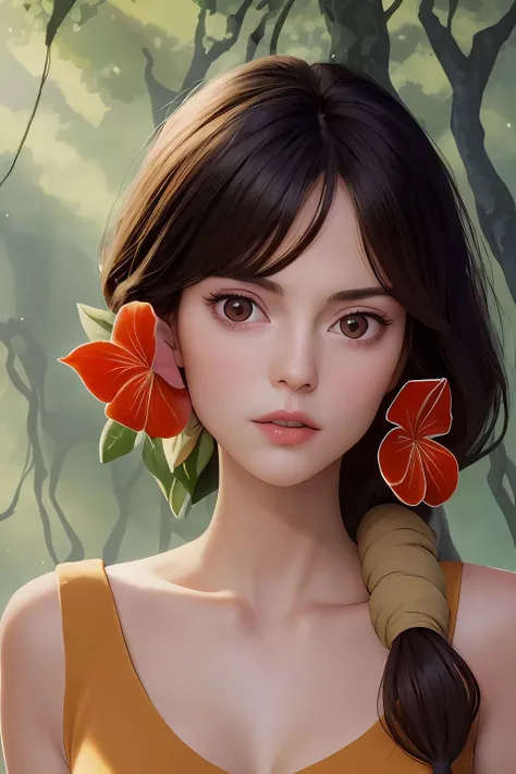 absurdres, willa, portrait, looking at viewer, hair tie, hair flower, sleeveless brown dress, forest <lora:Willa_v1:1>