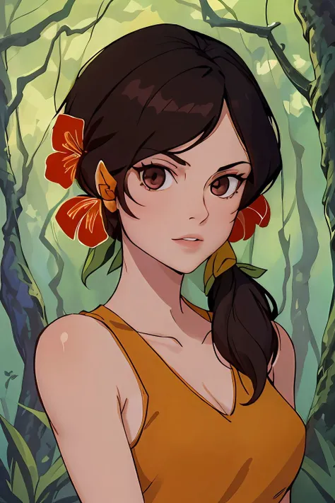 absurdres, willa, portrait, looking at viewer, hair tie, hair flower, sleeveless brown dress, forest <lora:Willa_v1:1>