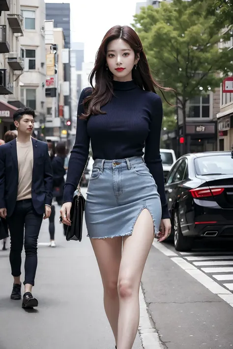 Best quality, masterpiece, ultra high res, (photorealistic:1.4), raw photo, 1girl, long hair,<lora:makina69_minju_v1.0:1>, walking in the city, buildings, plants ,smile, blur background , focus, cinematic lighting, (((masterpiece))), ((best quality)), ((intricate detailed)), ((Hyperrealistic)), absurd res, perspective, highly detailed, illustration,(big breasts), (casual outfit:1.2), jacket, turtle neck sweater, skirt, black choker, earrings, high heels, detailed background, looking at the viewer, from front