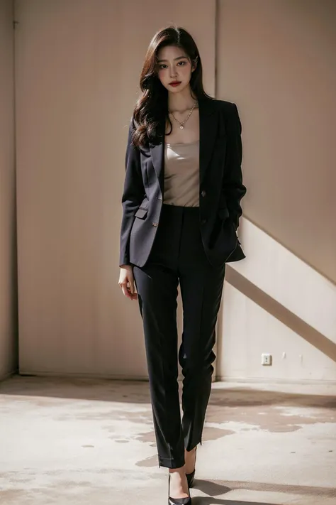 1girl, solo, portrait, full body, dynamic pose, pale skin, smooth skin, medium breasts, looking at viewer, tailored pantsuit, tailored blazer, pearl necklace, heels, standing,
(masterpiece:1.2), best quality, ultra high res, raw photo, perfect lighting, soft light, rim light, beauty, light makeup, (realistic, photorealistic:1.4),