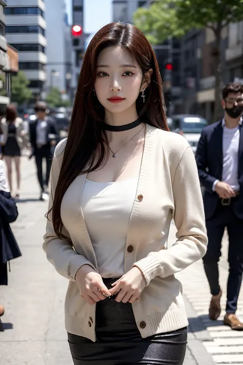 Best quality, masterpiece, ultra high res, (photorealistic:1.4), raw photo, 1girl,  long hair,<lora:makina69_minju_v1.0:1>, walking in the city, buildings, plants ,smile, blur background , focus, cinematic lighting, (((masterpiece))), ((best quality)), ((intricate detailed)), ((Hyperrealistic)), absurd res, perspective, highly detailed, illustration,(big breasts), (casual outfit:1.2), jacket, turtle neck sweater, skirt, black choker, earrings, high heels, detailed background, looking at the viewer, from front