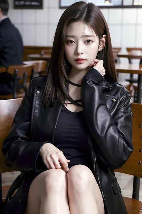 Best quality, masterpiece, ultra high res, (photorealistic:1.4), raw photo, 1girl, inside cafe, closeup, looking at viewer, long hair, black jacket, sitting down