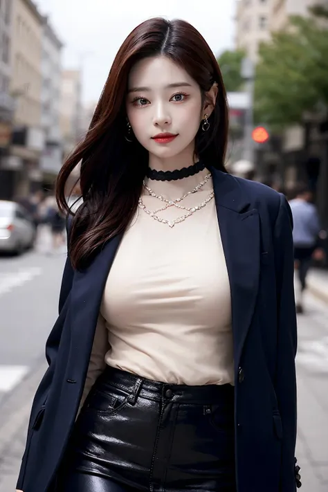 Best quality, masterpiece, ultra high res, (photorealistic:1.4), raw photo, 1girl, long hair,<lora:makina69_minju_v1.0:1>, walking in the city, buildings, plants ,smile, blur background , focus, cinematic lighting, (((masterpiece))), ((best quality)), ((intricate detailed)), ((Hyperrealistic)), absurd res, perspective, highly detailed, illustration,(big breasts), (casual outfit:1.2), jacket, turtle neck sweater, skirt, black choker, earrings, high heels, detailed background, looking at the viewer, from front