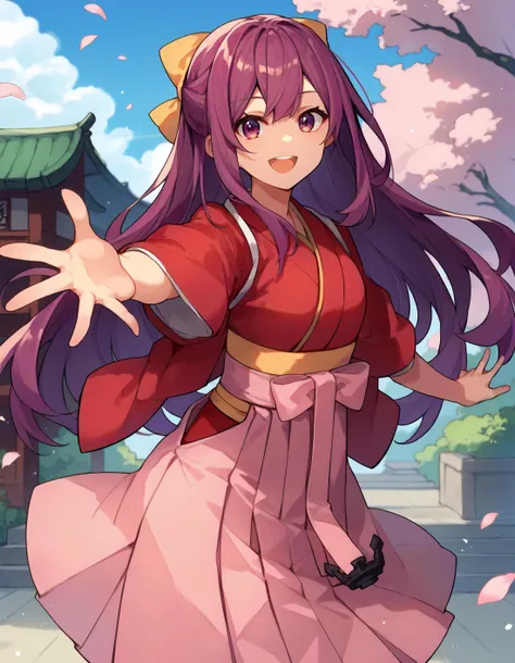 score_9,score_8_up,score_7_up,source_anime,
1girl,solo,cowboy shot,outstretched arm,looking at viewer,smile,open mouth,
<lora:kamikaze_ponyXLV6:0.7>,kckmkz,purple hair,long hair,
yellow bow, 
japanese clothes,red kimono,tasuki,pink hakama skirt