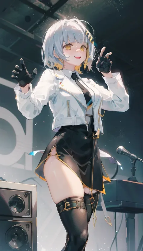 masterpiece, hachi_(vtuber), 1girl, gloves, virtual youtuber, jacket, black gloves, necktie, white jacket, short hair, hair ornament, cropped jacket, multicolored hair, yellow eyes, long sleeves, thighhighs, black necktie, grey hair, black skirt, skirt, black dress, shirt, mole under eye, , on the stage,
grey hair,long hair, yellow eyes,petite,(big breasts),(unbuttoned clothes),(breasts out:1.2),(collar:1.3), choker, coat,(1 black thighhigh:1.3, nylons:1.2),boots, (shiny skin:1.3),(posing, closeup), (beautiful face),(smile),(honeycomb,concert,large speakers),(5fingers each hand:1.2),microphone.
cowboy shot, <lora:hachiVtuber_v1:0.6> ,(HACHItaya:0.8)